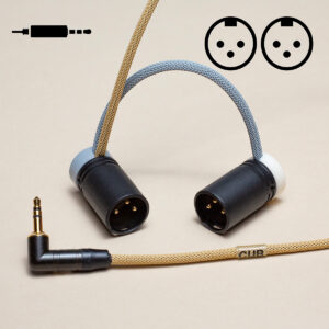 Câble Audio Y Mini Jack Coudé vers x2 XLR3M Coudé Forme µ : Raccord sur Connecteur - Capuchon #1 Gris - Capuchon #2 Blanc - Tresse #Double Sable - Tresse #1 Gris Acier