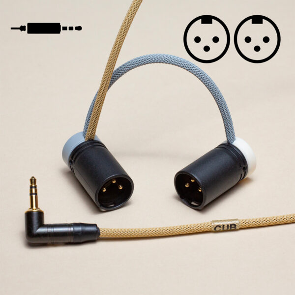 Câble Audio Y Mini Jack Coudé vers x2 XLR3M Coudé Forme µ : Raccord sur Connecteur - Capuchon #1 Gris - Capuchon #2 Blanc - Tresse #Double Sable - Tresse #1 Gris Acier